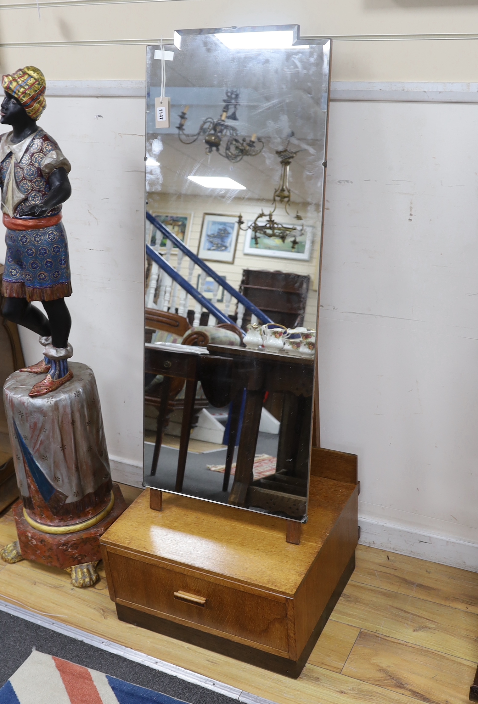 A mid century oak robing mirror, bears Good Furniture Units label, width 54cm, depth 48cm, height 148cm